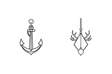 Nautical Anchor And Decorative Ornament Line Art Design Elements Illustration
