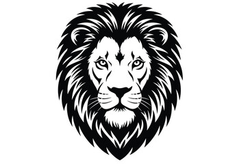 Obraz premium Lion face silhouette. This image shows a detailed and symmetrical black and white vector illustration of a lion's face with a prominent mane. Vector clipart illustration design.