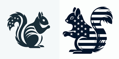 Squirrel with american flag. Funny Animal Vector Clip art. Rodent holding patriotic banner national symbol image.