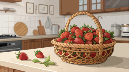 Strawberries Illustration vector design, Strawberries in wicker basket on table in kitchen vector design