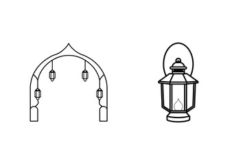 Islamic Arch With Hanging Lanterns And Single Classic Lantern Illustration