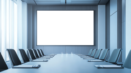 Executive Boardroom Scene With PNG Transparent Screen for Personalized Use, Highlighting Blank Projector Display and Formal Setup
