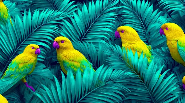 Vibrant yellow parrots with purple beaks amidst lush teal tropical foliage, creating a colorful exotic bird pattern and botanical background.