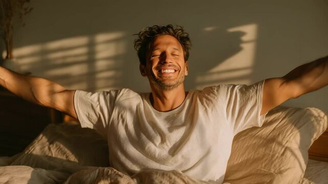 Happy men with a smile on his face in the bedroom at home, extending his arms in bed after waking up in the morning.
