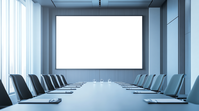 Executive Boardroom Scene With PNG Transparent Screen for Personalized Use, Highlighting Blank Projector Display and Formal Setup - Powered by Adobe