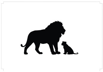 Lion and cub silhouette. This image shows a black silhouette of a lion and a cub facing each other, representing a majestic and powerful wildlife scene. Vector clipart illustration design.
