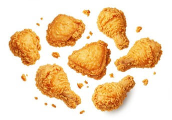 Scattered pieces of crispy fried chicken, including drumsticks and breast, against a white background