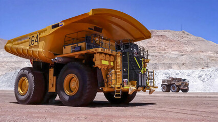 Giant mining truck transporting minerals in an open pit mine