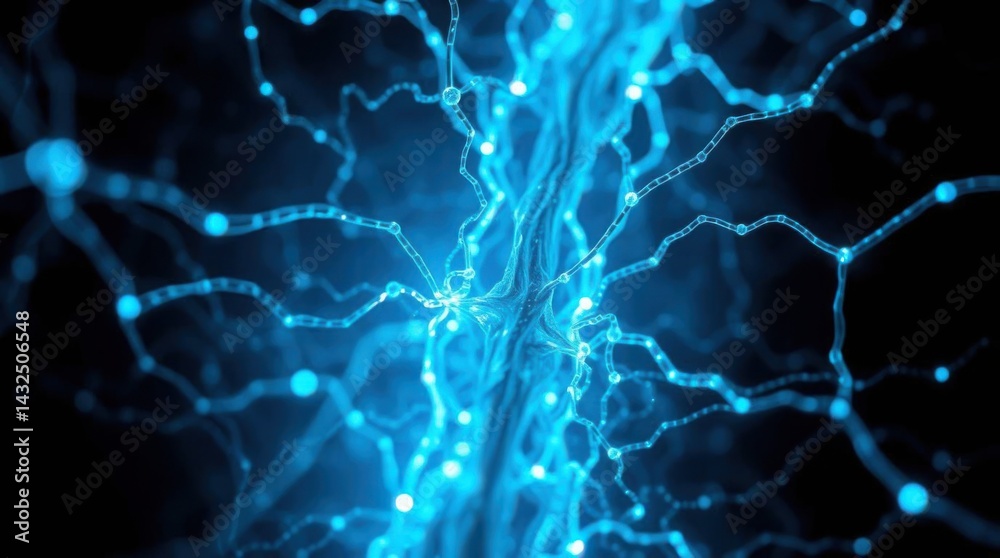 Poster Abstract blue neural network structure with glowing nodes and connections
