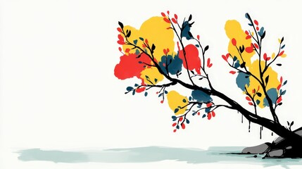Obraz premium Abstract Autumn Tree Branch Minimalist Painting Watercolor Style Zen Garden Colorful