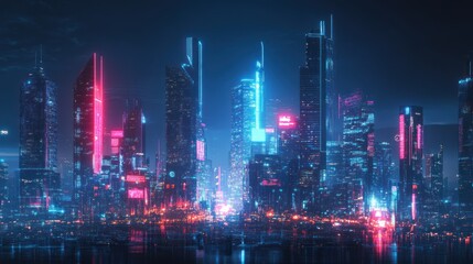 Fototapeta premium Cybernetic Metropolis: A Vivid Nightscape of Neon Lit Skyscrapers and Reflected Lights