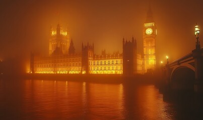Fototapeta premium Houses of parliament and big ben shrouded in atmospheric fog at night london