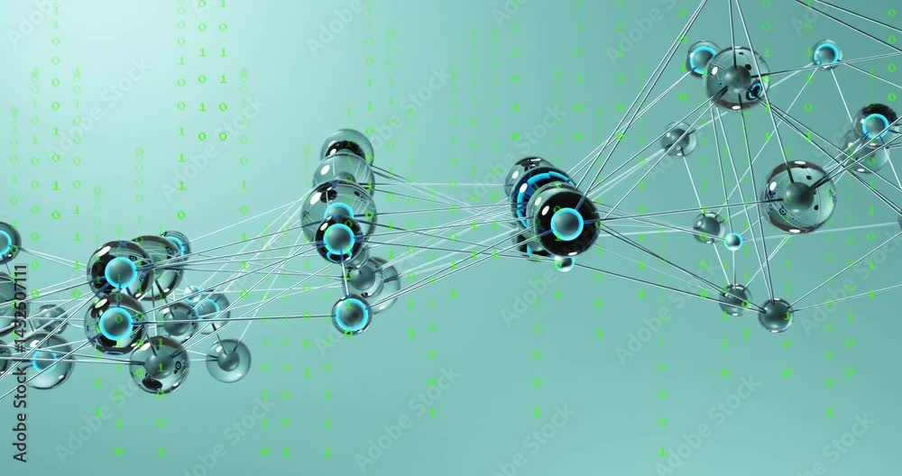 Poster complex 3d network animating connections with translucent spheres rods floating green binary digits