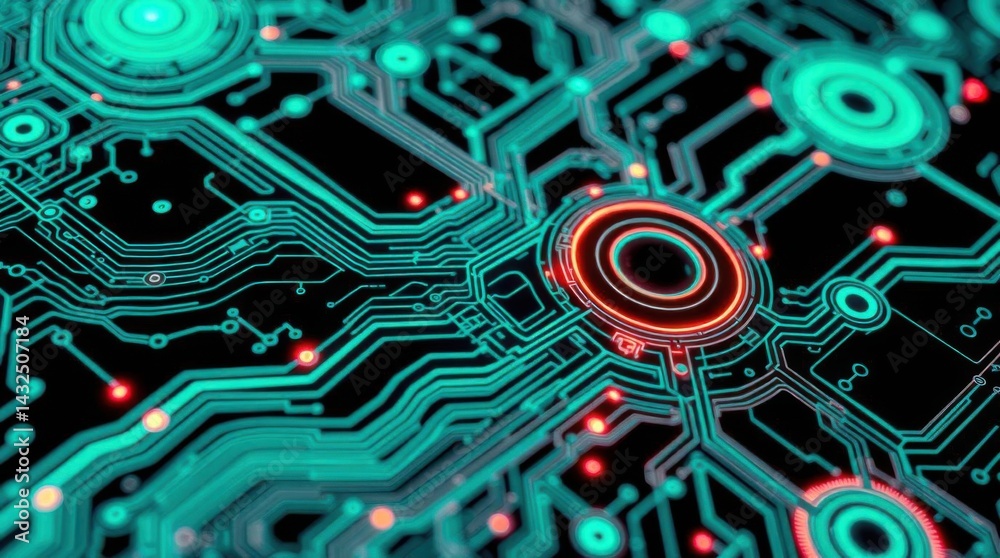 Poster abstract futuristic circuit board background with glowing neon effects