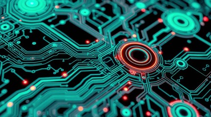 Abstract futuristic circuit board background with glowing neon effects