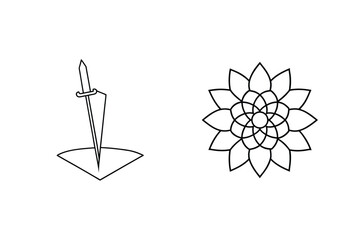 Line Art Sword And Flower Floral Design Elements In Black And White