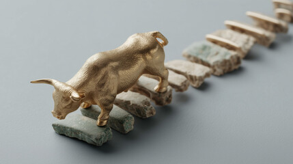 Fototapeta premium Golden Bull Ascending: A golden bull figurine striding confidently across a path of stacked gold bars, symbolizing the upward trajectory of growth and success in a business venture.