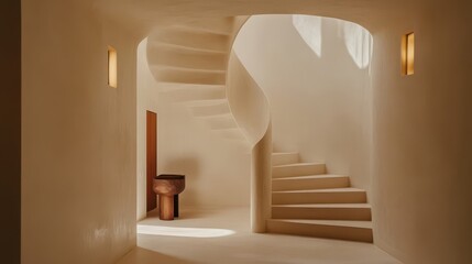 A light-filled, spiraling staircase in a minimalist home.