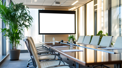 A clean corporate meeting room with a projection screen,, with a Transparent PNG Cutout ready for a presentation,and  copy space on the screen
