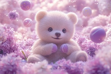 Fototapeta premium Adorable Fluffy Bear Cub Amidst Pastel Lilac Flowers