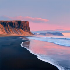 Black Sand Beach Meets Rugged Cliffs Under Pastel Skies at Dawn or Dusk Coastal Serenity