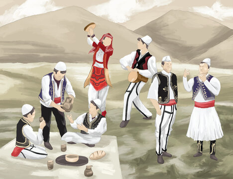 Painting of Albanian cultural tradition scene