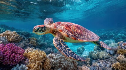 Fototapeta premium Graceful Sea Turtle Swimming Above Vibrant Coral Reef in Crystal Clear Ocean Water, Showcasing Marine Life and Underwater Ecosystem