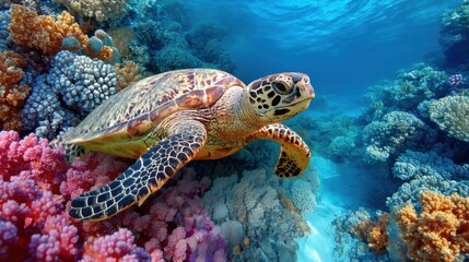 Obraz premium Majestic Sea Turtle Swimming Gracefully Among Vibrant Coral Reefs in Crystal Clear Ocean Water, Showcasing Marine Life and Ecosystem Diversity