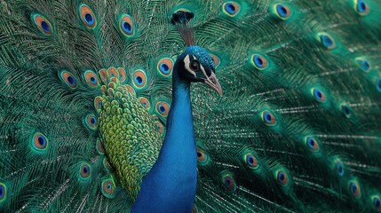 Fototapeta premium Stunning Peacock Displaying Vibrant Feathers with Intricate Patterns in a Natural Setting Against a Subtle Background