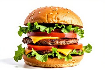 Classic hamburger with all toppings, isolated portrait photo, white backdrop