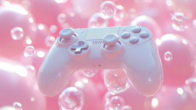 Pastel pink video game controller surrounded by bubbles