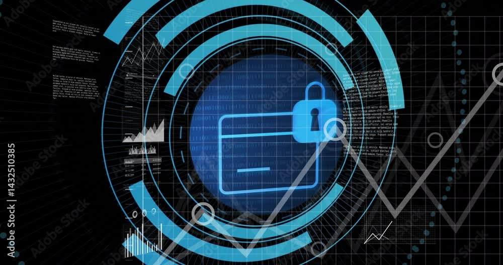 Poster glowing blue folder icon getting locked in futuristic dashboard, with binary code and ui charts