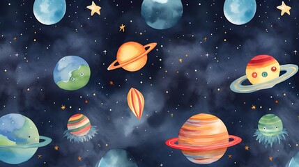 Space-themed Seamless Pattern with Rockets, Stars, Moon, and Clouds for Background Designs