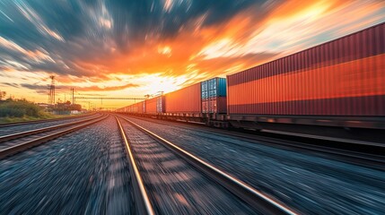 Fototapeta premium A captivating view of cargo train tracks at sunset.