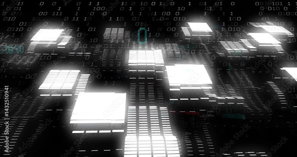 Poster glowing white panels floating over dark grid base, streaming translucent binary digits in 3d render