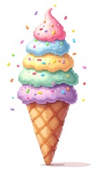 A fun and colorful pixel art ice cream cone with layers of pastel scoops and animated rainbow sprinkles, centered on a white background.

