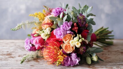Obraz premium Beautifully Arranged Colorful Floral Bouquet with Varied Flowers and Lush Greenery on Rustic Wooden Surface