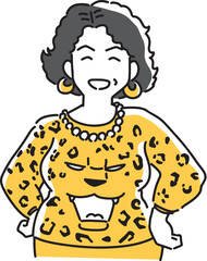 ヒョウ柄の服を着てポーズをとるおばさん