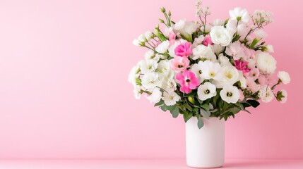 Naklejka premium Delicate floral bouquet in a white vase against a soft pink backdrop. 