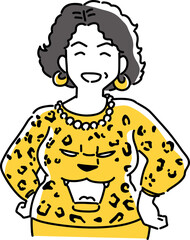 ヒョウ柄の服を着てポーズをとるおばさん