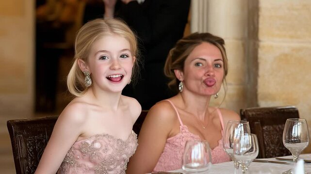 Playful mother and daughter share a fun moment at the dining table, the daughter sticking out her tongue and mother making a playful pout. enjoying a joyful moment together.