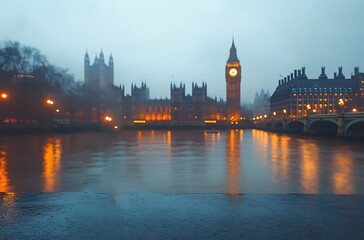 Fototapeta premium Foggy evening view of the houses of parliament and big ben in london