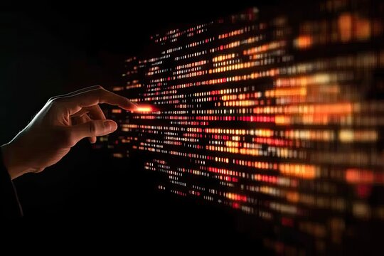 Hand interacting with glowing code