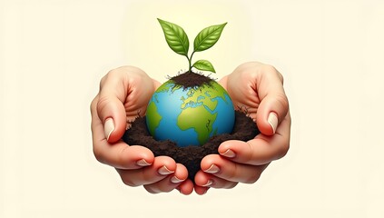 A pair of gentle hands cupping a miniature planet Earth with fresh green leaves sprouting from it, surrounded by dark fertile soil.

