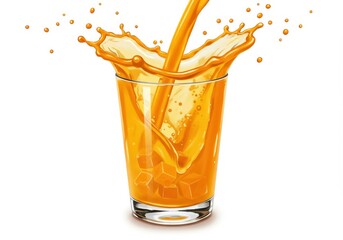 Orange juice being poured into a glass with ice cubes creating a splash on a white background
