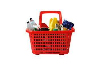 Fototapeta premium Red Plastic Shopping Basket Filled with Household Plastic Waste on Black Background