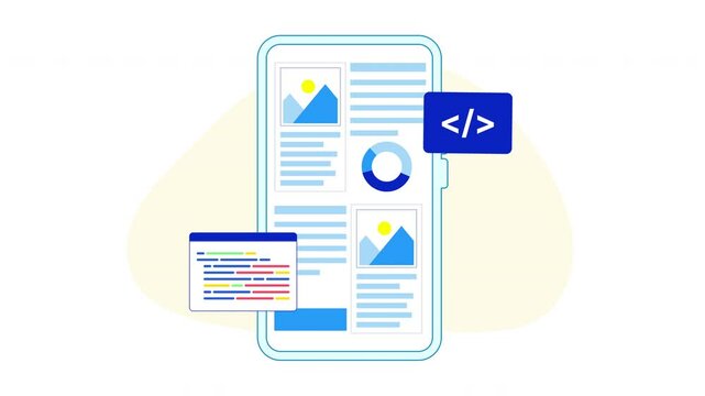 App development animation featuring code and website design elements. Ideal for technology or programmingrelated projects and presentations.