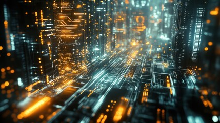 Futuristic Cyberpunk Cityscape with Glowing Neural Network Aesthetics and Circuitry