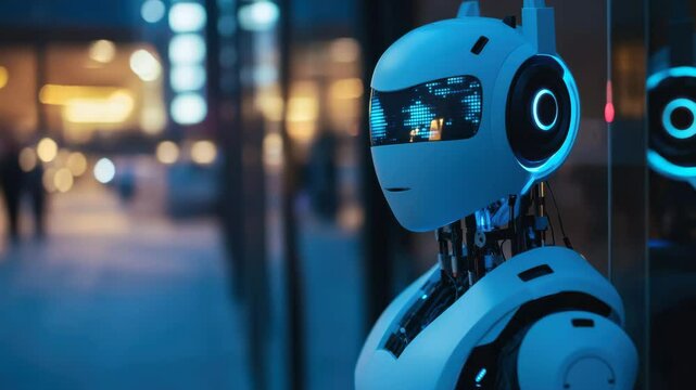 robot on technology blue background with industrial and technological elements