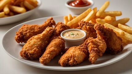 A close-up shot of crispy fried chicken pieces with a side of golden fries and a dipping sauce, set against a white background